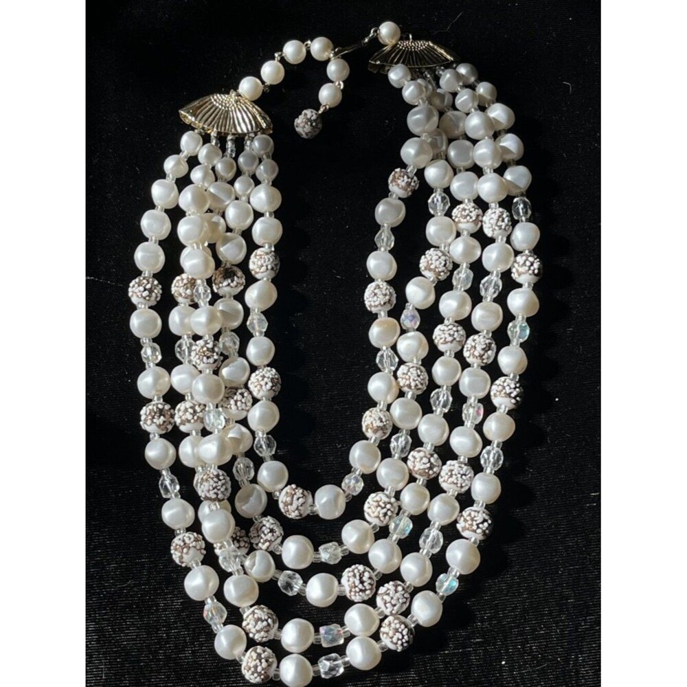 Vintage 80s 90s Japan 5 Strand Faux Pearl Crystal Sugar Bead Collar Necklace 15”